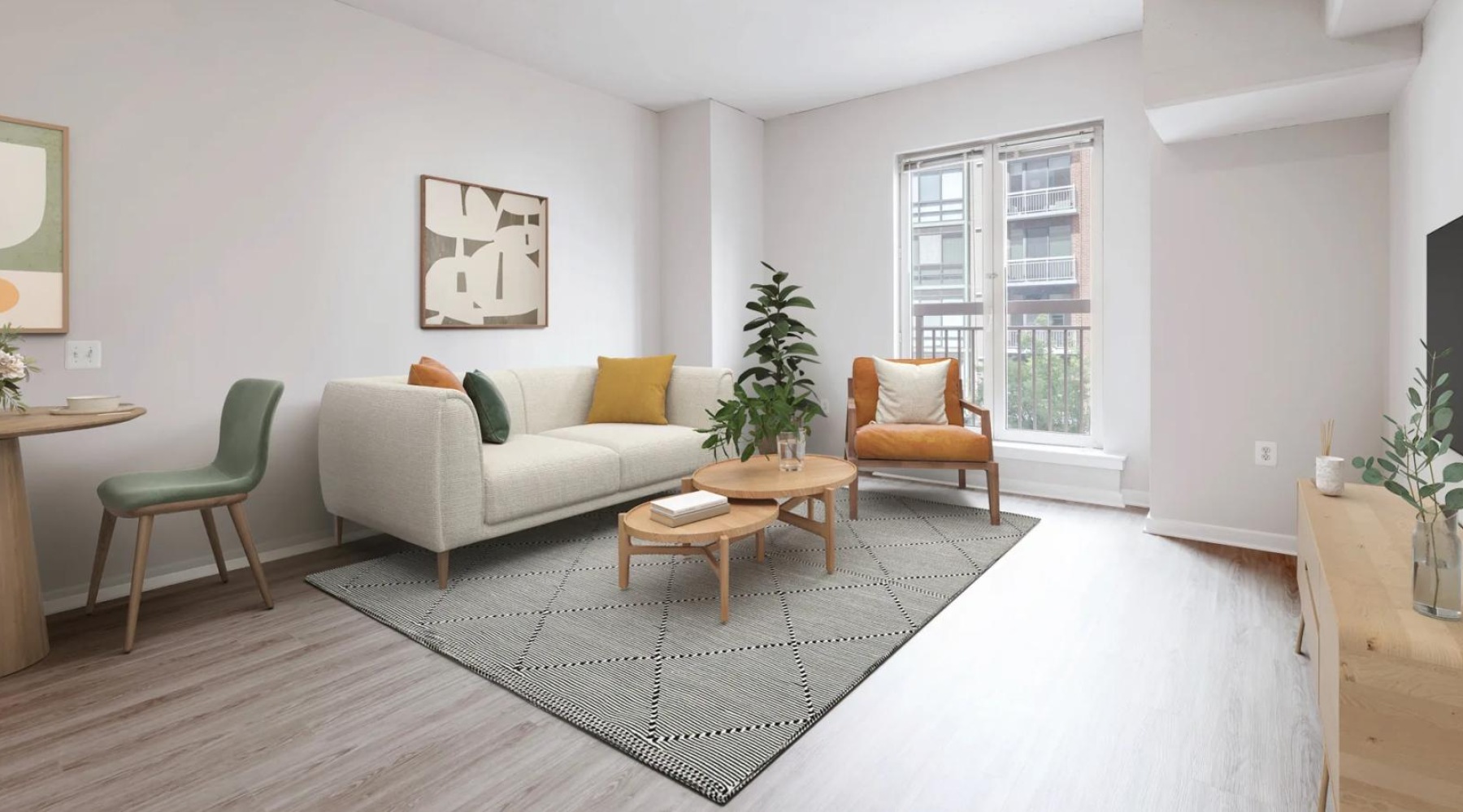 a living room with a rug and a couch