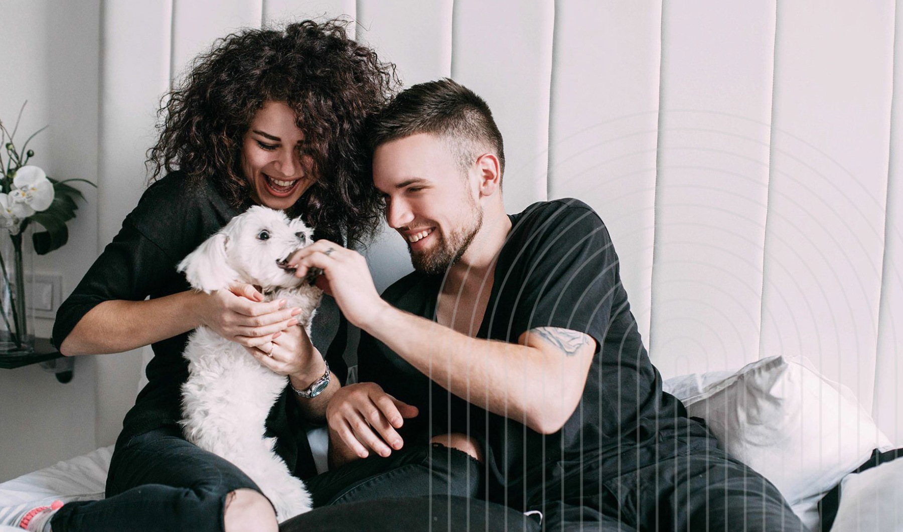 We love our furry friends a man and woman sitting on a bed playing with a dog