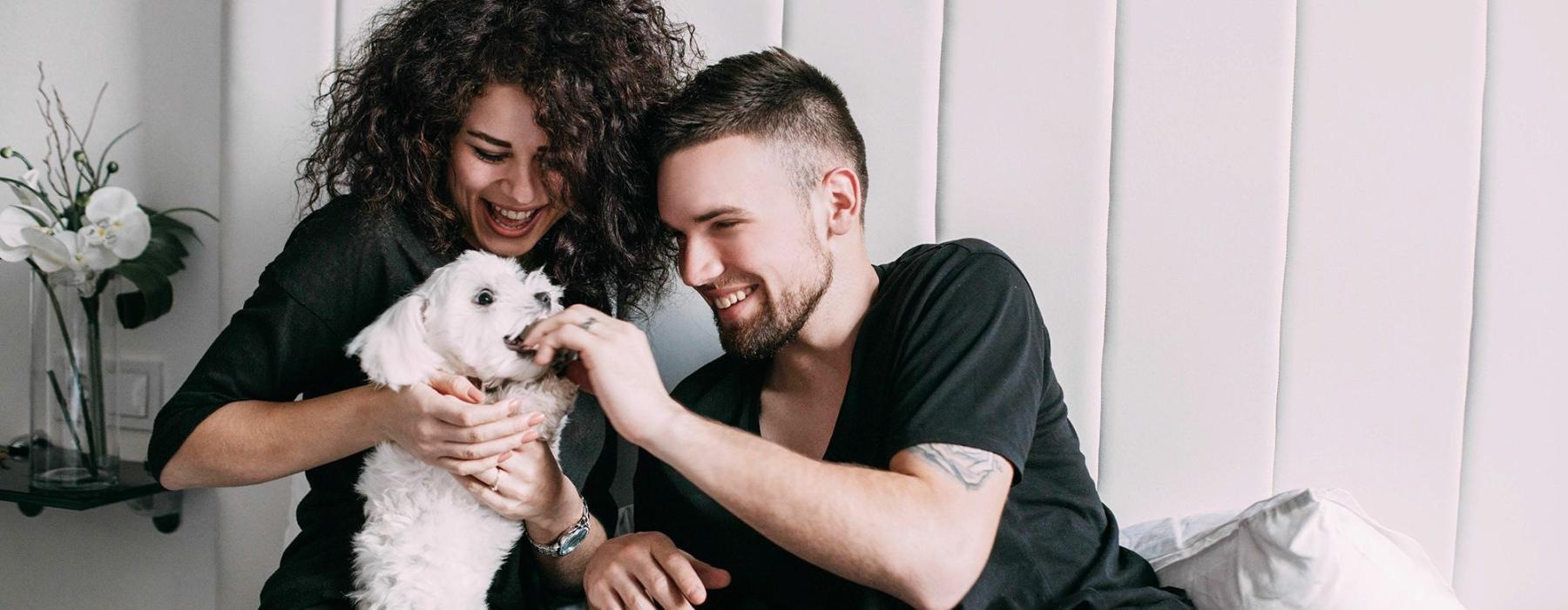 a man and woman sitting on a bed playing with a dog